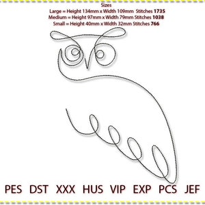 Owl Machine Embroidery, Line Art. Low stitch count. 1 colour. Bean stitch embroidery