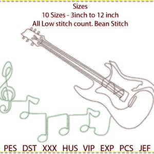 May include: Line art embroidery design of an electric guitar with musical notes. The design is available in 10 sizes, ranging from 3 to 12 inches. All designs have a low stitch count and are created using a bean stitch.