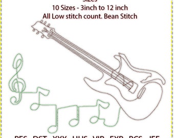 Guitar Music Embroidery Design: Line Art, Low Stitch (3-12 inch)