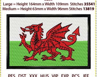 Wales Flag Embroidery Design, Motto Machine Embroidery, 4 colour. Welsh Dragon Flag