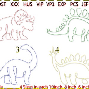 Pacchetto dinosauro x4 ciascuno in quattro dimensioni Disegno ricamo, Ricamo macchina, Line Art. Conteggio punti basso. 1 colore. immagine 1