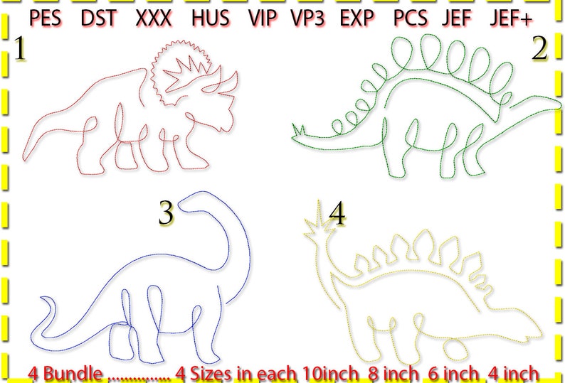 Pacchetto dinosauro x4 ciascuno in quattro dimensioni Disegno ricamo, Ricamo macchina, Line Art. Conteggio punti basso. 1 colore. immagine 1