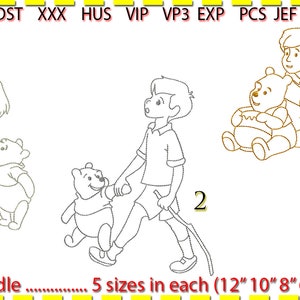 May include: A set of three embroidery designs featuring Winnie the Pooh and Christopher Robin. The designs are available in five sizes: 12 inches, 10 inches, 8 inches, 6 inches, and 4 inches.