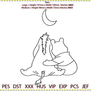 May include: A black and white line drawing of Winnie the Pooh and Piglet hugging under a crescent moon. The image is suitable for embroidery.