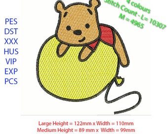 Kawaii Pooh su un disegno di ricamo a palloncino, ricamo a macchina dell'orso Pooh, Winnie the Pooh 4 colori