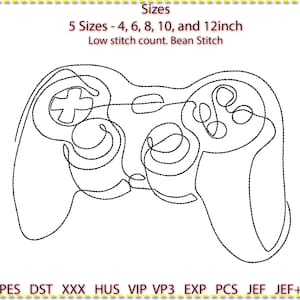 May include: A line drawing of a video game controller in black and white. The image includes the text "Sizes 5 Sizes - 4, 6, 8, 10, and 12inch Low stitch count. Bean Stitch PES DST XXX HUS VIP VP3 EXP PCS JEF JEF+"