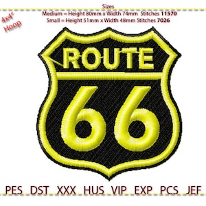 Puede incluir: Un parche bordado negro y amarillo con el texto "ROUTE 66" en forma de escudo. El parche mide 4x4 pulgadas y está disponible en dos tamaños: mediano (80 mm x 74 mm) y pequeño (51 mm x 48 mm).