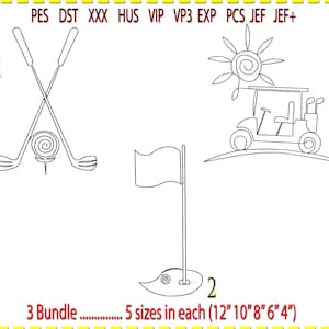 May include: Line art illustrations of golf-themed elements. The image includes crossed golf clubs, a golf flag, and a golf cart with a sun. The text indicates 3 bundles with 5 sizes each: 12", 10", 8", 6", and 4".