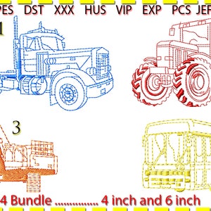 Puede incluir: Un paquete de cuatro diseños de bordado que incluyen un camión semi-remolque azul, un tractor rojo, una excavadora naranja y un autobús escolar amarillo. Los diseños están disponibles en tamaños de 4 pulgadas y 6 pulgadas.
