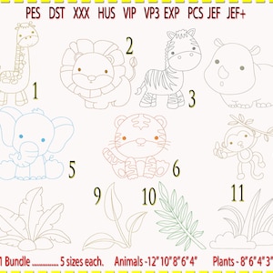 Könnte beinhalten: Ein Set mit 11 Stickmustern mit niedlichen Tieren und Pflanzen. Die Designs beinhalten eine Giraffe, einen Löwen, ein Zebra, ein Nashorn, einen Elefanten, einen Tiger, einen Affen und drei verschiedene Pflanzenmuster. Die Designs sind in 5 Größen erhältlich, wobei die Tierdesigns von 30 cm bis 10 cm und die Pflanzendesigns von 20 cm bis 5 cm reichen.