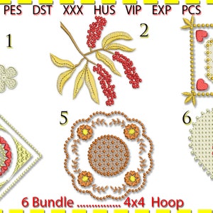 Könnte beinhalten: Ein Set mit sechs Stickmustern für einen 4x4-Hoop. Die Designs beinhalten eine Blumenranke, einen Zweig mit roten Beeren, ein Quadrat mit einer Blume in der Mitte, ein Quadrat mit einem Kreis in der Mitte, eine runde Spitze mit Blumen und ein Herz mit einem Blumenmuster. Die Designs sind in Gelb-, Rot- und Weißtönen gehalten.