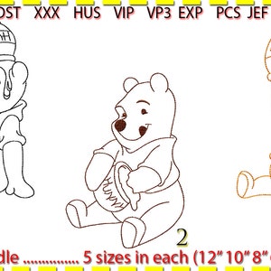 Pooh with Hunny Pot Outline Bundle (x3 each in 5 sizes 12"10"8"6"4") Machine Embroidery, Low stitch count. BackStitch.