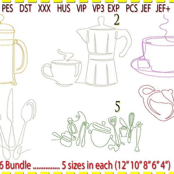 Pots and pans line art Bundle (x6 each in 5 sizes) Embroidery Design, Machine Embroidery.Low stitch count. Backstitch style. 12" 10 8" 6" 4"