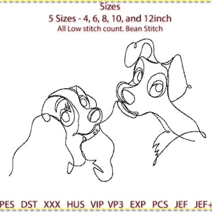 May include: Line art embroidery design of two dogs, one larger than the other, with the text "Sizes 5 Sizes - 4, 6, 8, 10, and 12inch All Low stitch count. Bean Stitch PES DST XXX HUS VIP VP3 EXP PCS JEF JEF+"