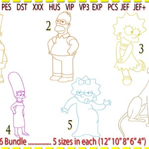 Puede incluir: Un conjunto de seis ilustraciones en blanco y negro de personajes de Los Simpson. Los personajes incluyen a Bart, Homer, Marge, Lisa, Maggie y Ayudante de Santa. Las ilustraciones están numeradas del 1 al 6. El texto "6 Bundle" y "5 tamaños en cada (12" 10" 8" 6" 4")" también está incluido en la imagen.