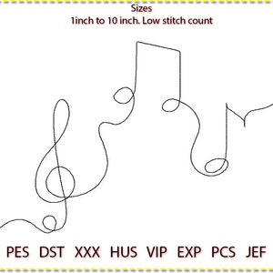 May include: A black and white line drawing of a treble clef and a musical note. The image is labeled "Sizes 1 inch to 10 inch. Low stitch count" and includes the file formats PES, DST, XXX, HUS, VIP, EXP, PCS, and JEF.