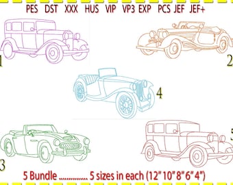 Classic Car Line Art Embroidery Design Bundle: Low Stitch Count (x5 Sizes)