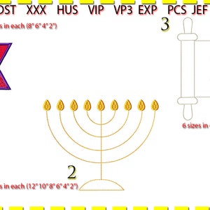 May include: A digital embroidery design bundle featuring three Jewish symbols: a Star of David, a menorah, and a Torah scroll. The designs are available in multiple sizes, ranging from 2 inches to 12 inches.