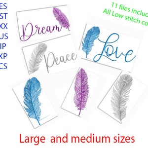 Könnte beinhalten: Ein Set mit 11 Stickmustern, die Federn und Wörter wie "Dream", "Peace" und "Love" zeigen. Die Designs sind in großen und mittleren Größen erhältlich und haben alle eine niedrige Stichzahl.