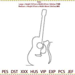 以下が含まれることがあります： アコースティックギターの線画。画像には「Sizes」というテキストと、デザインの寸法がミリメートルとステッチで表示されています。