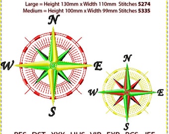 May include: Two compass designs with red, green, and yellow colors. The larger compass is 130mm high and 110mm wide with 5274 stitches. The smaller compass is 100mm high and 99mm wide with 5335 stitches. The text "PES DST XXX HUS VIP EXP PCS JEF" is at the bottom of the image.