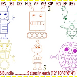 May include: A set of six robot embroidery designs in various colors, including blue, yellow, green, orange, and purple. The designs are numbered 1 through 6 and include the text "6 Bundle" and "5 sizes in each (12" 10" 8" 6" 4")".