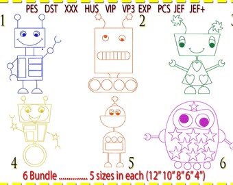 Robots Line Art Embroidery Design Bundle (Digital Download