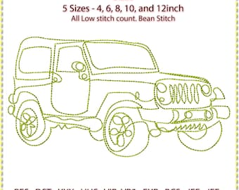Puede incluir: Un diseño bordado de un vehículo todoterreno verde. El texto anterior dice "Tamaños 5 Tamaños - 10, 15, 20, 25 y 30cm All Low stitch count. Bean Stitch". Debajo, formatos de archivos de bordado.