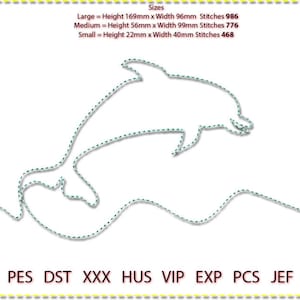 May include: A line drawing of a dolphin jumping out of the water. The image is in black and white and has a dotted line effect. The image includes the text "Sizes" and lists the dimensions and stitch counts for three sizes of the design: Large, Medium, and Small. The image also includes the text "PES DST XXX HUS VIP EXP PCS JEF".