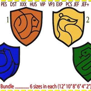 May include: Four embroidered shield designs, each with a unique animal emblem: a lion, badger, eagle, and snake. The shields are in orange, yellow, blue, and green. The text indicates six sizes available: 12", 10", 8", 6", 4", and 2".