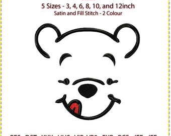 Diseño de bordado de cara de Pooh, bordado a máquina del oso Pooh, cara de Winnie the Pooh. 2 colores. 6 tamaños (12, 10, 8, 6, 4 y 3 pulgadas).