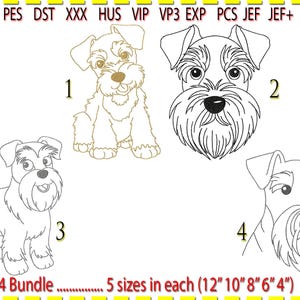 Pode incluir: Um pacote de design de bordado digital com quatro ilustrações de cães Schnauzer em várias poses. Os designs estão disponíveis em cinco tamanhos, incluindo opções de 30 cm, 25 cm, 20 cm, 15 cm e 10 cm. A imagem inclui o texto "4 Bundle... 5 sizes in each (12" 10" 8" 6" 4")".