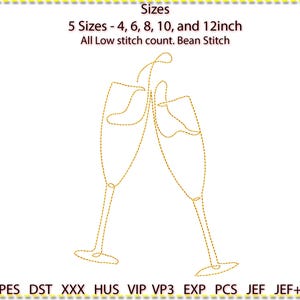 Champagne Flutes Embroidery Design, Machine Embroidery, 5 sizes. Low stitch count. 1 colour line art. 4&quot; 6&quot; 8&quot; 10&quot; 12&quot;