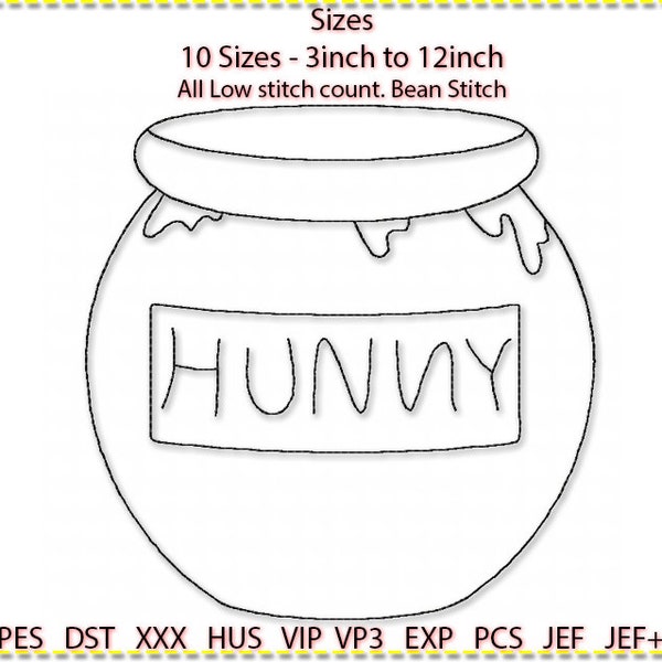 Hunny Pot Line Art.  Embroidery Design, Machine Embroidery, Winnie the Pooh . Low stitch count. 1 colour. 12 sizes. Bean stitch