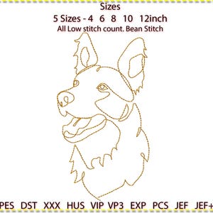 May include: Line art embroidery design of a dog's head in a bean stitch. The design is available in 5 sizes: 4, 6, 8, 10, and 12 inches.  PES DST XXX HUS VIP VP3 EXP PCS JEF JEF+
