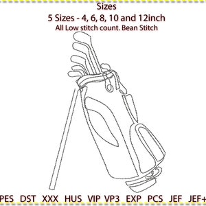 May include: Line drawing of a golf bag with golf clubs. The image includes the text "Sizes" and "5 Sizes - 4, 6, 8, 10 and 12inch". The text also says "All Low stitch count. Bean Stitch".