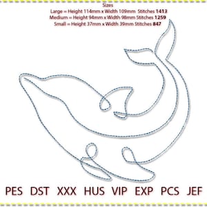 May include: A line drawing of a dolphin jumping out of the water. The image is a digital embroidery design file available in PES, DST, XXX, HUS, VIP, EXP, PCS, and JEF formats. The design is available in three sizes: large (114mm x 109mm), medium (94mm x 98mm), and small (37mm x 39mm).