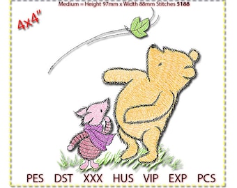 Diseño clásico de bordado de Winnie the Pooh y Piglet. Bordado a máquina: Winnie the Pooh y Piglet. 10x10 cm, 13x15 cm y 15x18 cm.
