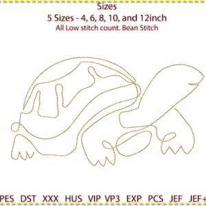 May include: Line art embroidery design of a turtle in five sizes: 4, 6, 8, 10, and 12 inches. The design is for machine embroidery and is a low stitch count bean stitch.