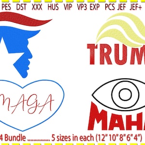 Donald Trump Bundle Embroidery Design, Machine Embroidery, 2 colour. 4 designs. 5 sizes 12&quot; 10&quot; 8&quot; 6&quot; 4&quot;