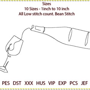 Wine Embroidery Design, Machine Embroidery, 10 sizes. Low stitch count. 1 colour line art. 1&quot; to 10&quot;