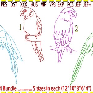 May include: A set of four embroidery designs featuring parrots in different colours. The designs are numbered 1 through 4. The text "4 Bundle" and "5 sizes in each (12" 10" 8" 6" 4")" is at the bottom of the image.