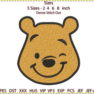 Pooh Face Badge Embroidery Design,Machine Embroidery, Winnie the Pooh face. 4 sizes. Dense stitch count. 2 colour. 8&quot; 6&quot; 4&quot; 2&quot;