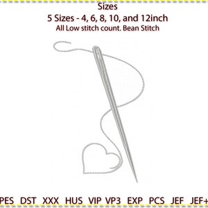 Pode incluir: Uma agulha e linha prateadas com um coração costurado na ponta. A imagem inclui o texto "Sizes 5 Sizes - 4, 6, 8, 10, and 12inch All Low stitch count. Bean Stitch PES DST XXX HUS VIP VP3 EXP PCS JEF JEF+"