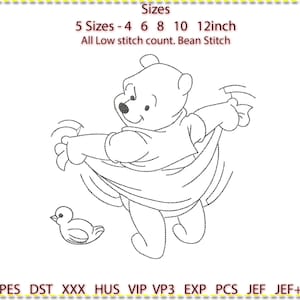 May include: A black and white line art embroidery design of Winnie the Pooh holding up his shirt with a small bird beside him. The design is available in 5 sizes: 4, 6, 8, 10, and 12 inches. The design is described as "All Low stitch count. Bean Stitch".