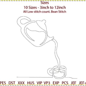 Teapot and Tea Embroidery Design, Machine Embroidery, 10 sizes. Low stitch count. 1 colour line art. 3&quot; to 12&quot;