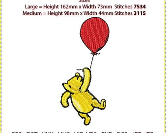Diseño clásico de bordado de Winnie the Pooh, oso Winnie the Pooh con globo, bordado a máquina. Baja densidad de puntadas. 3 colores.