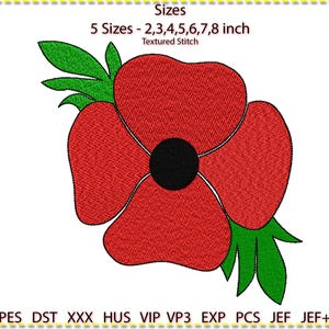 Könnte beinhalten: Ein gesticktes rotes Mohnblumen-Design mit grünen Blättern und einem schwarzen Zentrum. Das Design ist in 5 Größen erhältlich, von 5,08 cm bis 20,32 cm. Der Text "Sizes" und "Textured Stitch" sind ebenfalls enthalten.