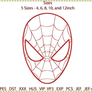 May include: Red and white embroidery design of a superhero mask with a spider web pattern. The design is available in five sizes: 4, 6, 8, 10, and 12 inches.