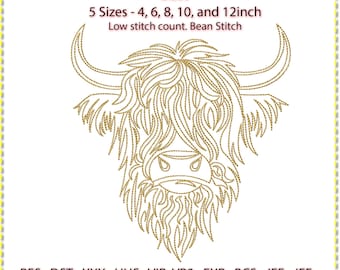 May include: A detailed embroidery design of a Highland cow's head, featuring long, shaggy fur and curved horns. The design is in shades of gold and includes text indicating sizes of 4, 6, 8, 10, and 12 inches. The text also mentions a low stitch count and bean stitch.